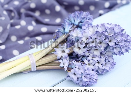 Blue lilac hyacinthtied with ribbon  on wooden pale duck egg blue painted wooden boards ,spotty periwinkle fabric in background, pretty spring image , shallow depth of field , mothers day