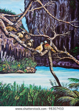 Wildlife of the bird on the tree by oil painting