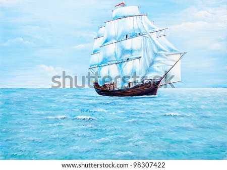 Boat painting on the ocean of oil painting