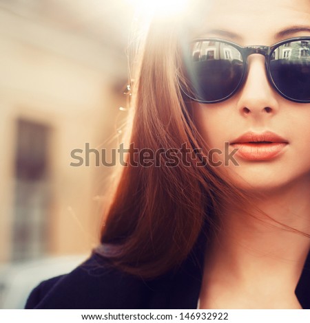 Outdoor Fashion Closeup Portrait Of Young Pretty Woman In Summer Sunny Day On Street