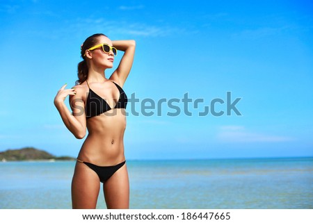 Young African American Woman in Blue Bikini Stock Photo - Image of
