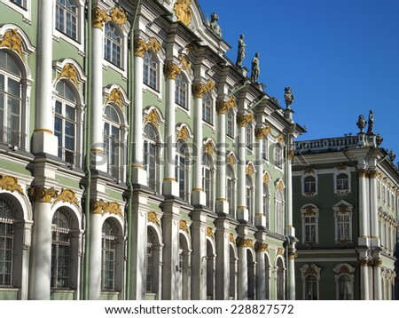 View of the facade of the Winter Palace and Hermitage Museum in Saint Petersburg, Russia.