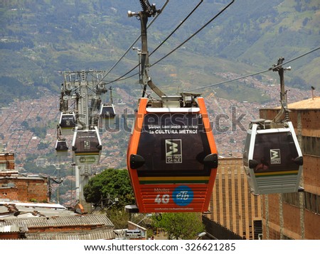 MEDELLIN, COLOMBIA - SEPTEMBER 24: Cableway system called Metrocable on September 24, 2015 in Medellin, Colombia. The Metrocable is a modern and cheap transportation system to the Comunas.