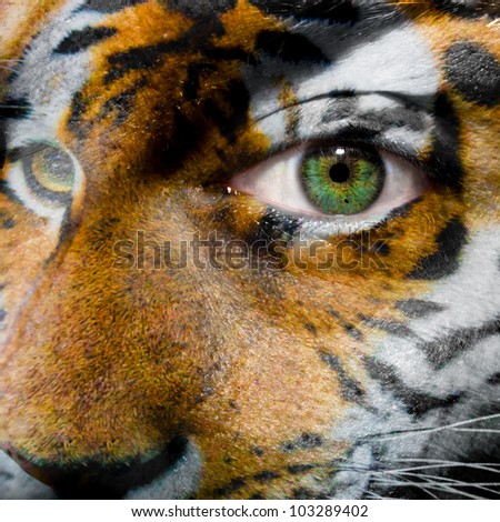 Face with green eye painted with siberian tiger