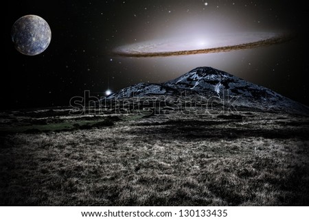 Silver alien landscape with mountain in a far away galaxy - elements of this image are furnished by NASA