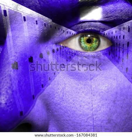 Security concept showing data center on a man\'s face