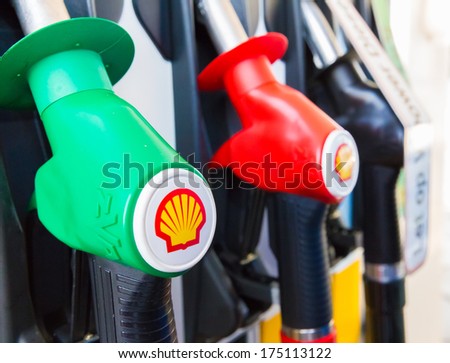 Zwolle, The Netherlands - February 3, 2014: Filling Nozzles At A Shell Gas Station.