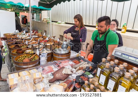 DUBLIN - MAY 17, 2014: Temple Bar Food Market is located at Meeting House Square. This weekly market takes place every Saturday in Dublins city centre.