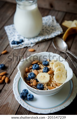 Muesli with berries and milk. Breakfast.