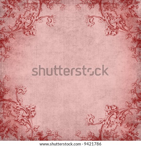 Vintage Wallpaper on Grungy Vintage Pink Background With Victorian Corners Stock Photo