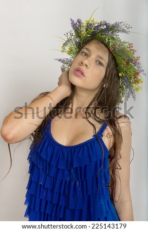 Girl in wet clothes, with wet hair, on different backgrounds