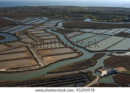 Aerial view of fish farms and salt marshes