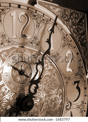time on a grandfather clock, with an antique look