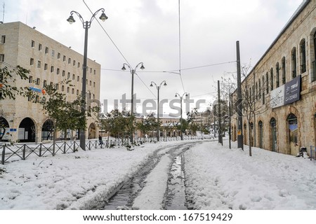 Railways of Jerusalem tram covered in snow, December 13,2013