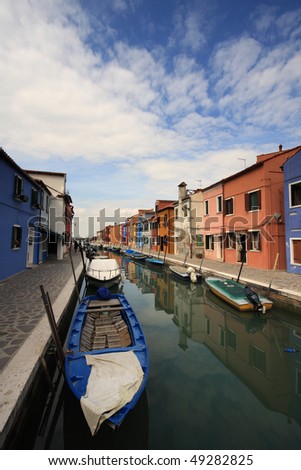 Colorful houses along one of the waterways of Burano, Venice. colorful houses on the island of Burano, off of Venice.