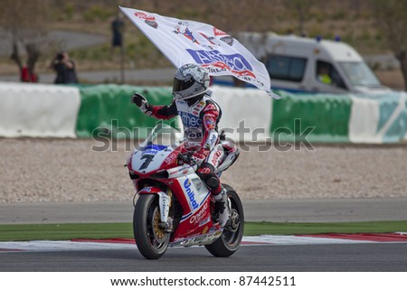 PORTIMAO, PORTUGAL - OCTOBER 16:  The Superbikes World Championship first place winner, Carlos Checa, celebrating the end of the championship. Superbikes , Algarve, Portimao on October 16, 2011.