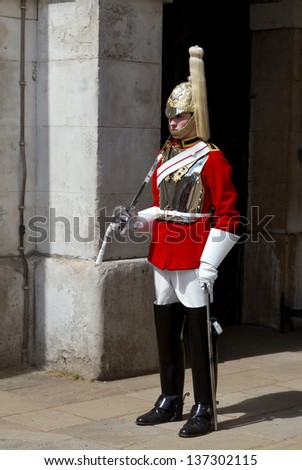 LONDON - APRIL 24: Members of the Household Cavalry on duty at Horse Guards building during the Changing of the Guard in London on April 24, 2012. The Cavalry are the lifeguards of Queen Elizabeth II