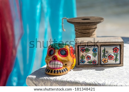 Traditional Mexican souvenir skull. Travel background for Mexico, Latin America