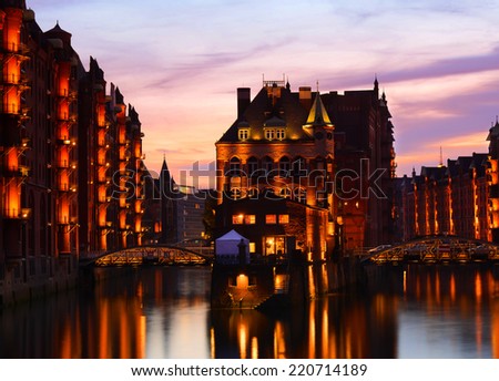 hamburg storehouse district in evening mood, one of the greatest warehouse citys