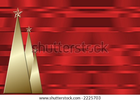 A holiday background with red stripes and gold metallic christmas trees