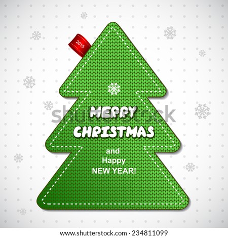 Red knitted Christmas pine tree label can be used as a greeting card Red knitted Christmas pine tree label can be used as a greeting card