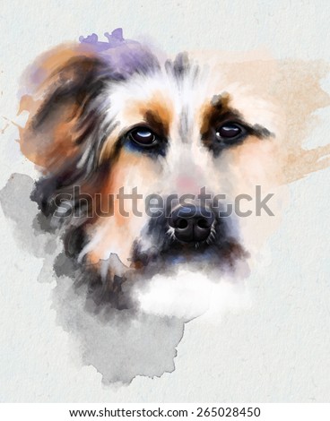 Animal collection: portrait of a sad dog on a white background, watercolor illustration