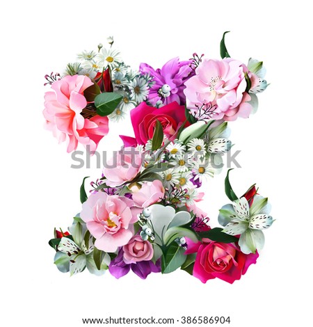 Collection of floral letters, the letter Z. Suitable for greeting cards, for presentations, for registration of holidays and other celebrations