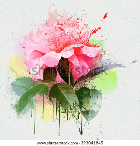 Luxurious peony watercolor, closeup on a white background, with elements of the sketch and spray paint, as illustration for the cover of a notebook or Notepad, or print for garment