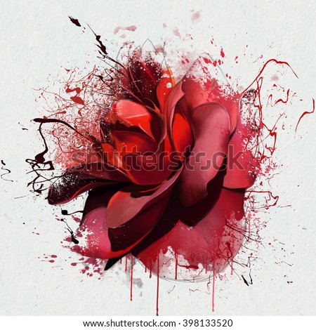 Luxurious deep red rose closeup on a white background, with elements of the sketch and spray paint, as print for clothes, cover notebook