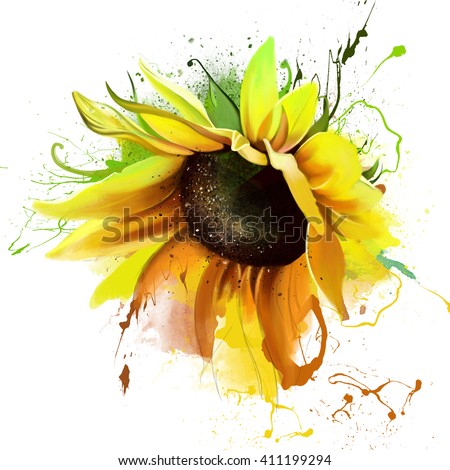 luxurious bright sunflower, with the elements of the sketch, spray paint, closeup on white background