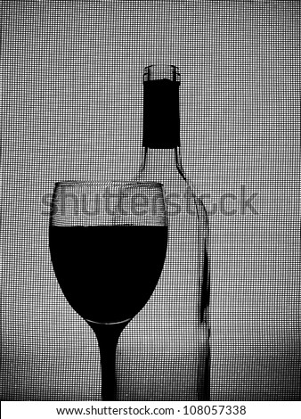 Abstract black and white design made of  glass and wine bottle on window screen background.