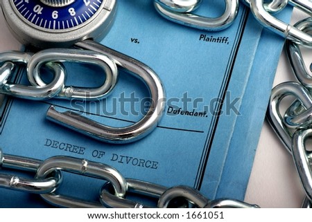 Certificate or decree of divorce  with chain and lock  on blue paper.