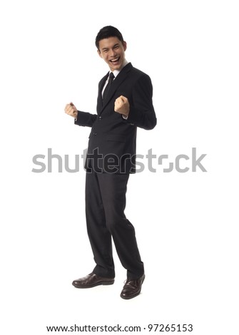 Young Asian Corporate Man double fist pump over white background