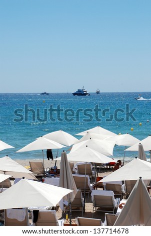 CANNES, FRANCE - JULY 23: The beach in Cannes July 23, 2008 in Cannes, France. The famous beach on the croisette, known for its filmfestival in may.