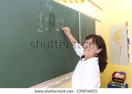 Teacher in front of a blackboard in school.