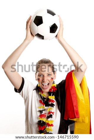 Picture shows a German Football Fangirl. Studio light with white background