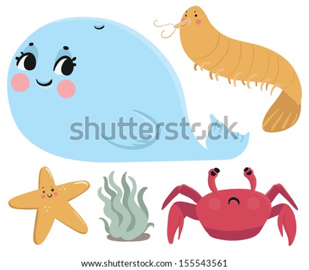 Sea Animals Collection. Vector illustration of a couple cartoon animals from the sea. Each animal is in an isolated group.