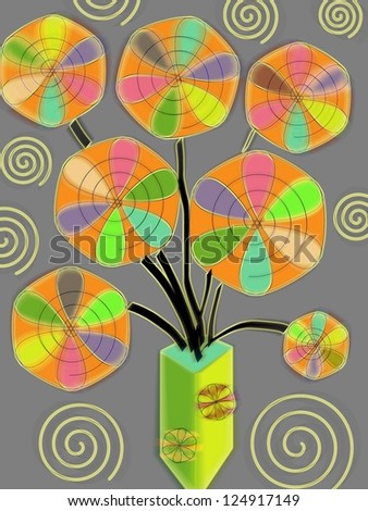 Swirling fan  floral abstract design  in vase on plain grey background rendered in  brightly coloured neon glow  with spiral motif.
