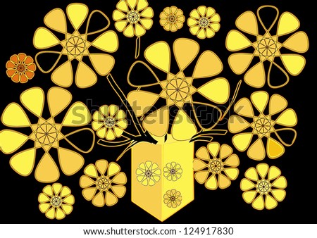 Bright modern geometric abstract design  with floral motif  in neon glow on plain black background ideal for funky wallpapers and backgrounds.