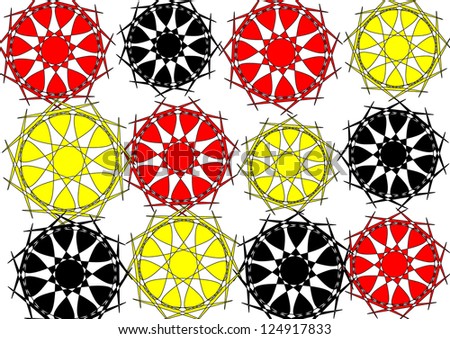 Bright modern geometric abstract design  with floral motif  in red, yellow and black on plain white background ideal for funky wallpapers and backgrounds.