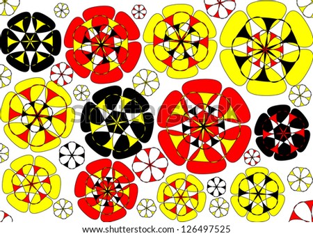 Delightful modern round floral design in red yellow and black  on plain white background.