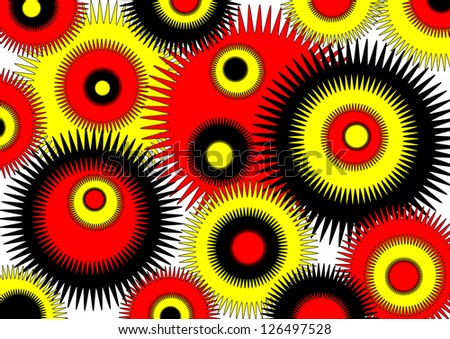 Dramatic modern round  solar  design in red yellow and black  on plain white background.