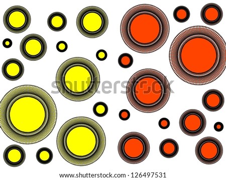 Delightful modern round  embroidered edges  design in red yellow and black  on plain white background.