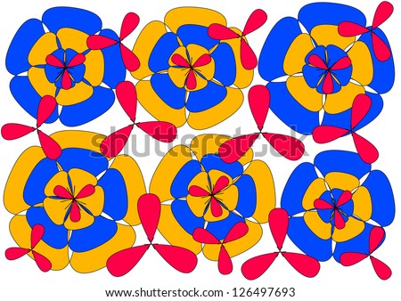 Bright colorful floral design in red, orange and blue  on plain white background.