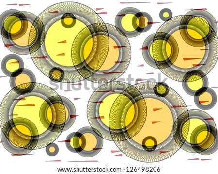 Intricate circular design with embroidered edges  superimposed in pale orange and yellow tones on plain white background with bright red accents.