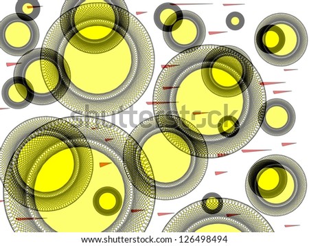 Intricate circular design with embroidered edges  superimposed in yellow  tones on plain white background with bright red accents.