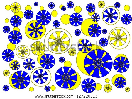 Pretty modern floral  and circular abstract design in blue and yellow on plain white background suitable for wallpapers.