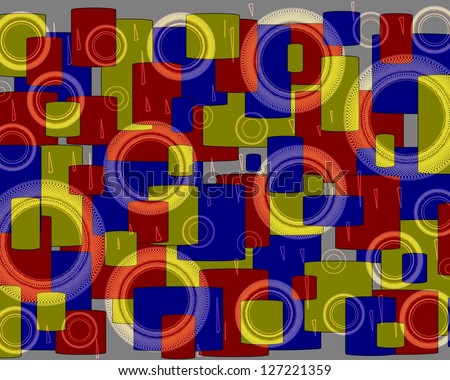 Bright modern geometric design in red yellow and blue superimposed  over  pretty circular motifs  and perfect for wallpapers and backgrounds