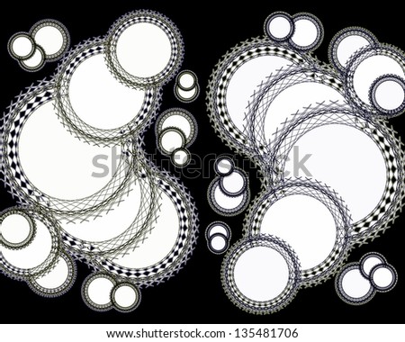 Dramatic modern abstract design in white circular motifs on a plain black background   ideal for wallpapers and background patterns.