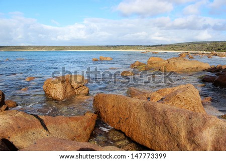 Unusual  ancient rocky landscape at Bunker\'s bay south western Australia on a cloudy day in late winter  is a popular tourist destination and fishing spot.